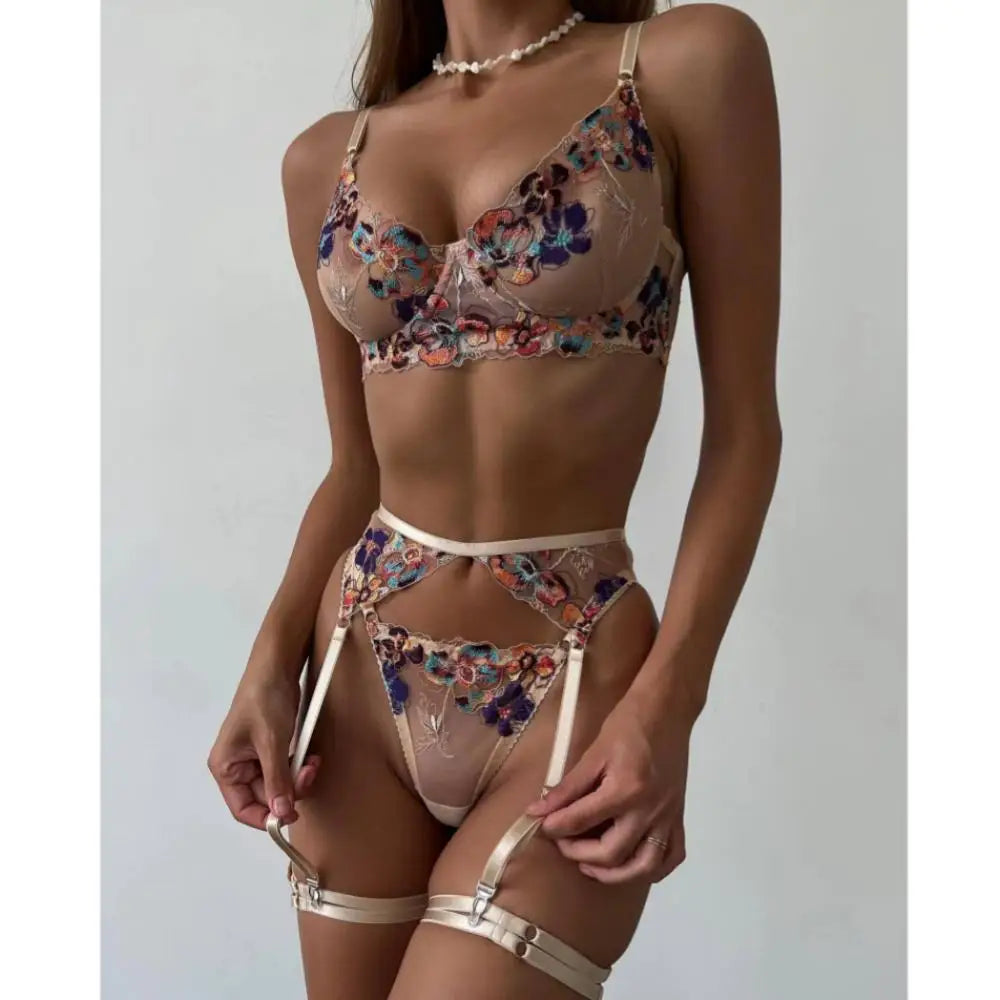 Krasapt Luxury Embroidery See-through Lingerie 4Pcs Fancy Beautiful Skin Care Underwear Kits Erotic Intimate Garter Lingerie Set