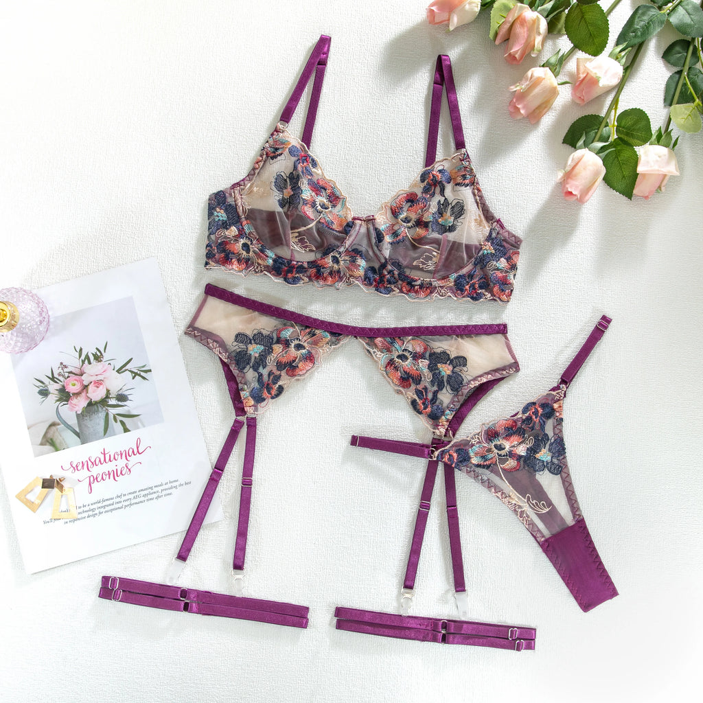 Krasapt Luxury Embroidery See-through Lingerie 4Pcs Fancy Beautiful Skin Care Underwear Kits Erotic Intimate Garter Lingerie Set