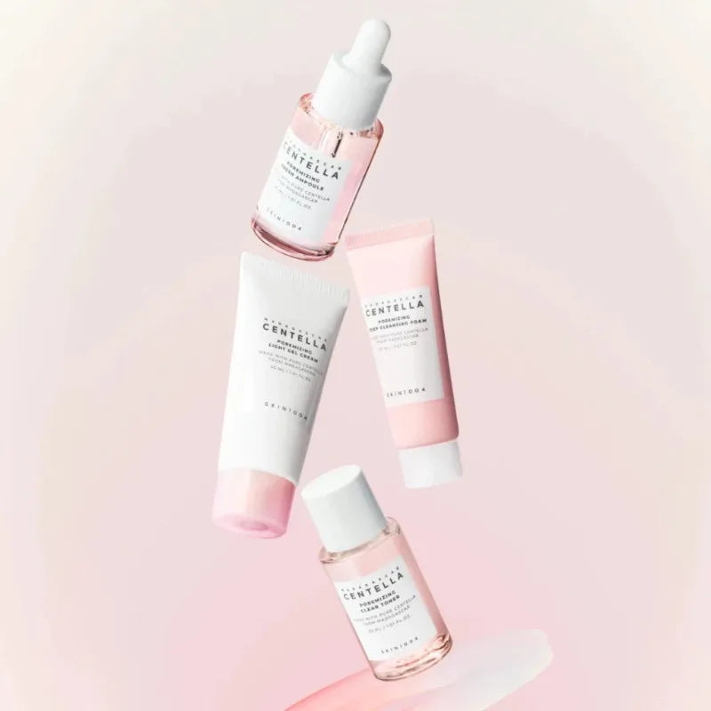 Korean Centella Pink Salt Travel Kit,PoreMizing Toner,Foam,Pore Care Fresh Ampoule and Light Gel Cream Daily Skincare Mini Sets