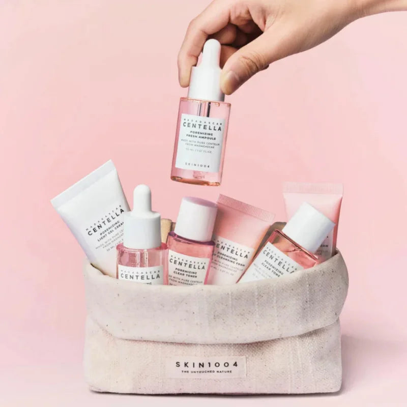 Korean Centella Pink Salt Travel Kit,PoreMizing Toner,Foam,Pore Care Fresh Ampoule and Light Gel Cream Daily Skincare Mini Sets