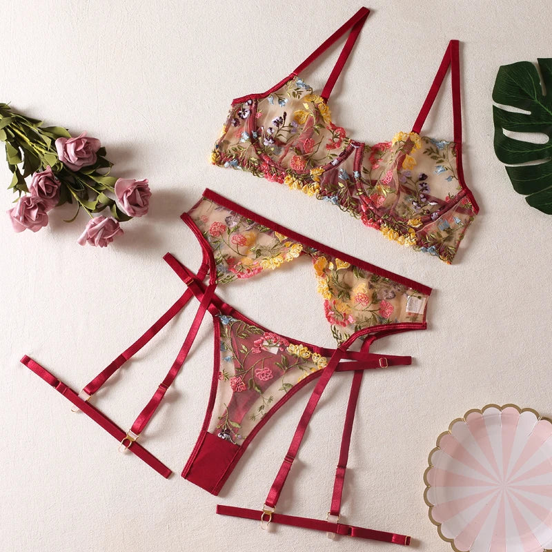 Echonight Lingerie Sensual Lace Underwear Transparent Embroidery 3-Piece Garters Fancy Beautiful Short Skin Care Kits Intimate