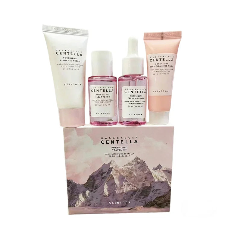 Korean Centella Pink Salt Travel Kit,PoreMizing Toner,Foam,Pore Care Fresh Ampoule and Light Gel Cream Daily Skincare Mini Sets