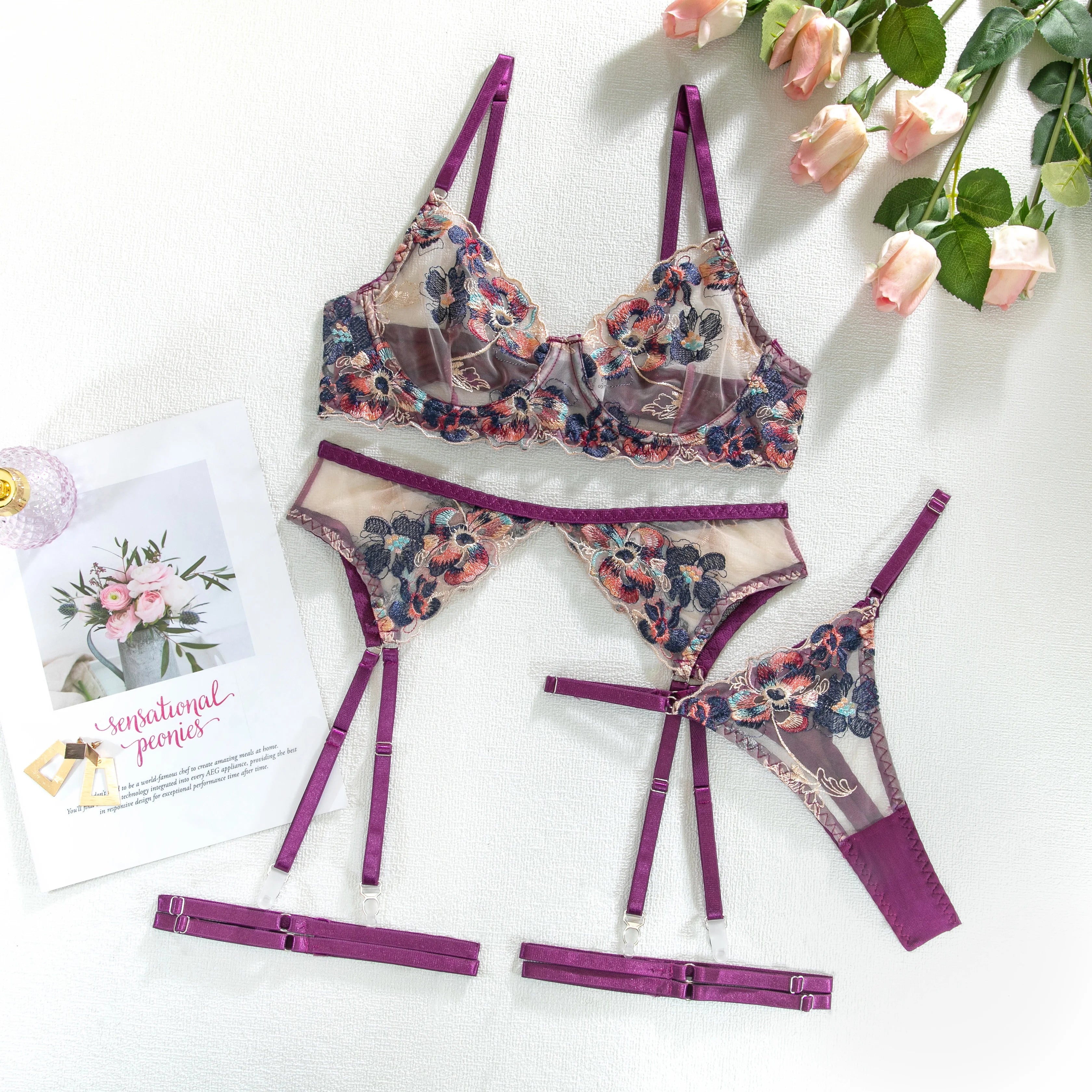 Krasapt Luxury Embroidery See-through Lingerie 4Pcs Fancy Beautiful Skin Care Underwear Kits Erotic Intimate Garter Lingerie Set