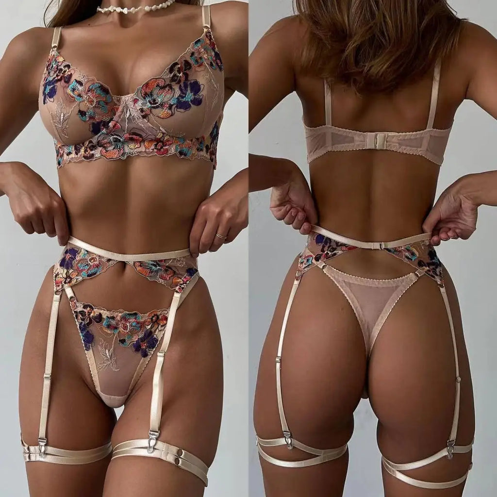 Krasapt Luxury Embroidery See-through Lingerie 4Pcs Fancy Beautiful Skin Care Underwear Kits Erotic Intimate Garter Lingerie Set