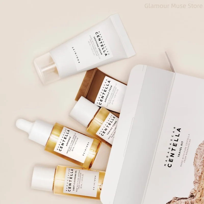 Korean Centella Travel Kit, Toner,Ampoule,Soothing Cream,Cleansing Oil,Ampoule Foam,Basic Daily Skincare Mini 5pcs Gift Sets