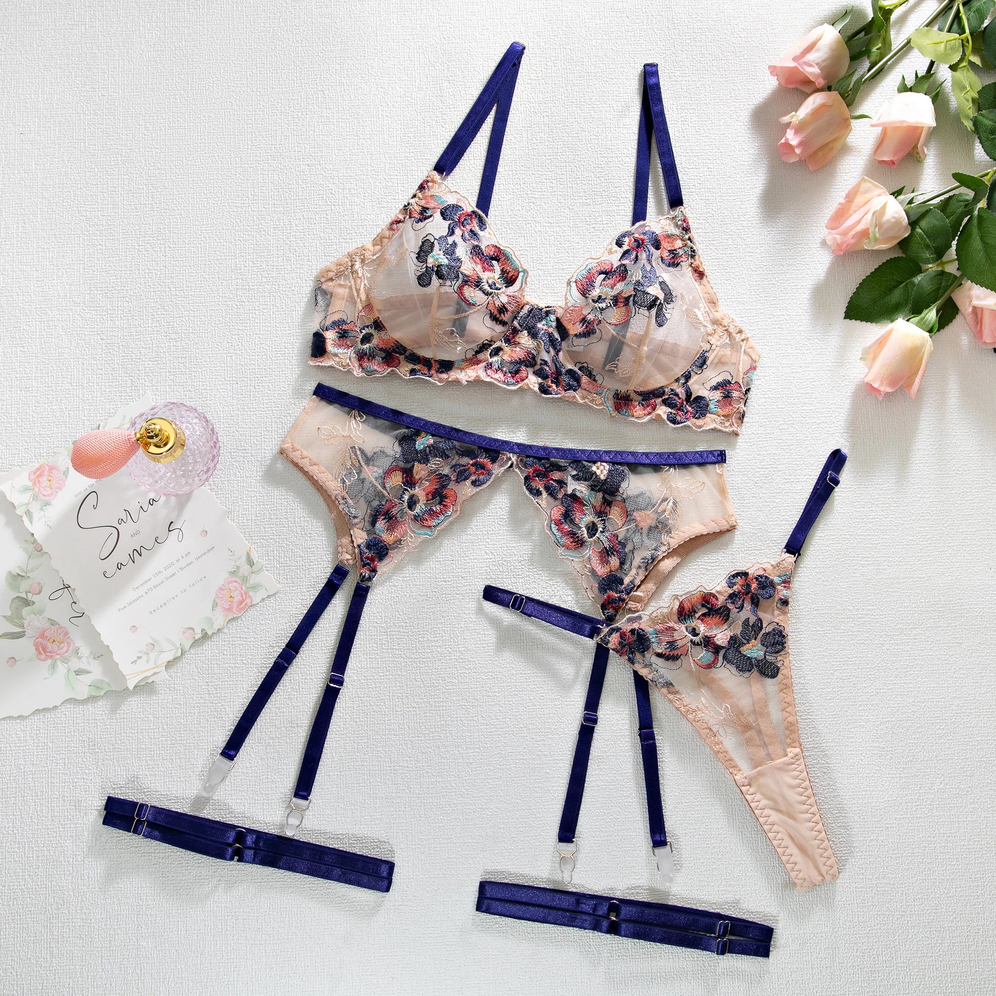 Krasapt Luxury Embroidery See-through Lingerie 4Pcs Fancy Beautiful Skin Care Underwear Kits Erotic Intimate Garter Lingerie Set