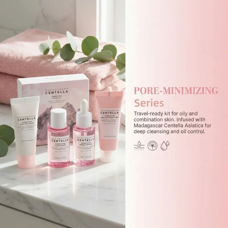 Korean Centella Pink Salt Travel Kit,PoreMizing Toner,Foam,Pore Care Fresh Ampoule and Light Gel Cream Daily Skincare Mini Sets