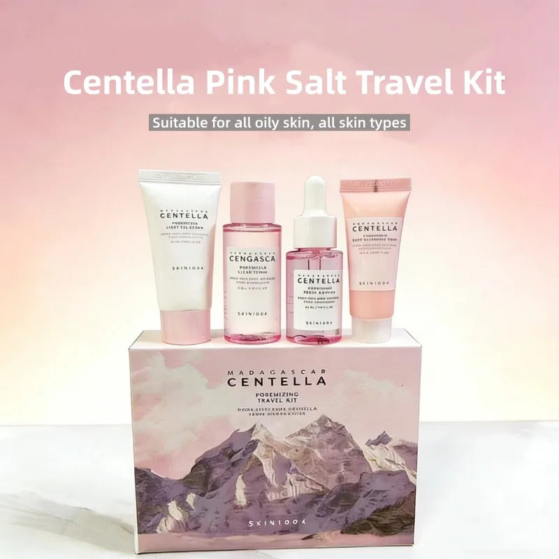 Korean Centella Pink Salt Travel Kit,PoreMizing Toner,Foam,Pore Care Fresh Ampoule and Light Gel Cream Daily Skincare Mini Sets